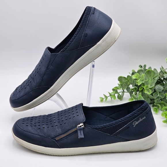 Skechers Slip On Comfort Shoes Women's 9 Memory Foam Perforated Navy Blue - Picture 2 of 9